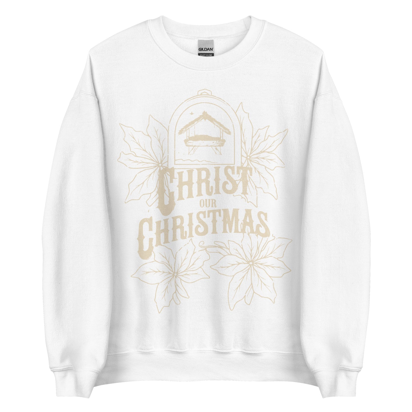 Woman wearing burgundy Christ Our Christmas sweater with manger and poinsettia design.