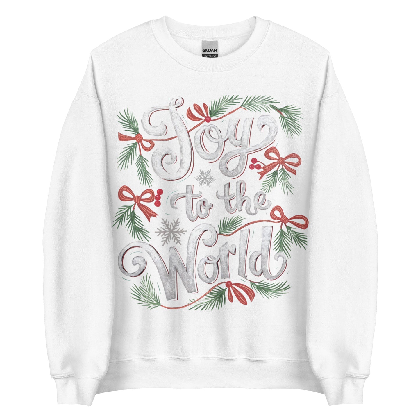 Woman wearing dark green Joy to the World Christian Christmas sweater with pine, bows, and snowflake design.