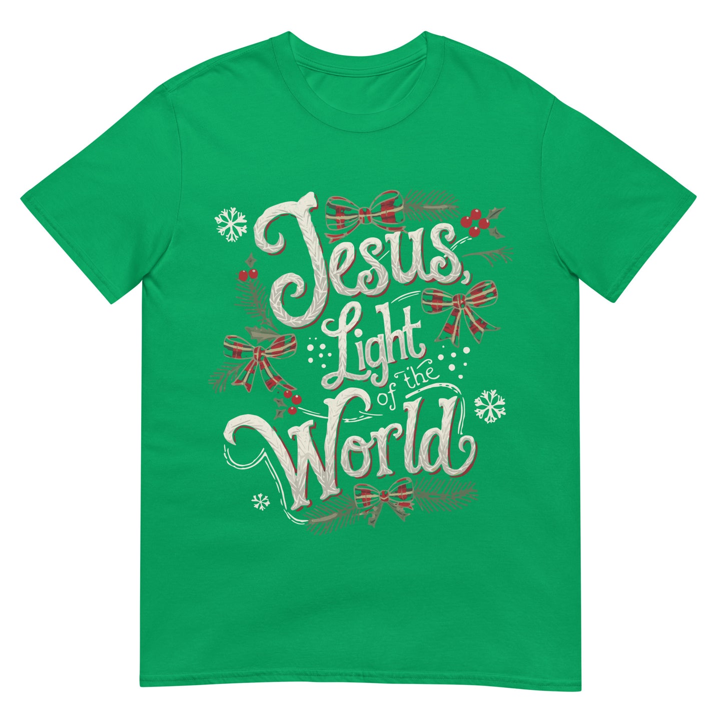 Woman wearing Jesus, Light of the World Christian Christmas T-shirt — plaid bow design celebrating the light of Jesus.