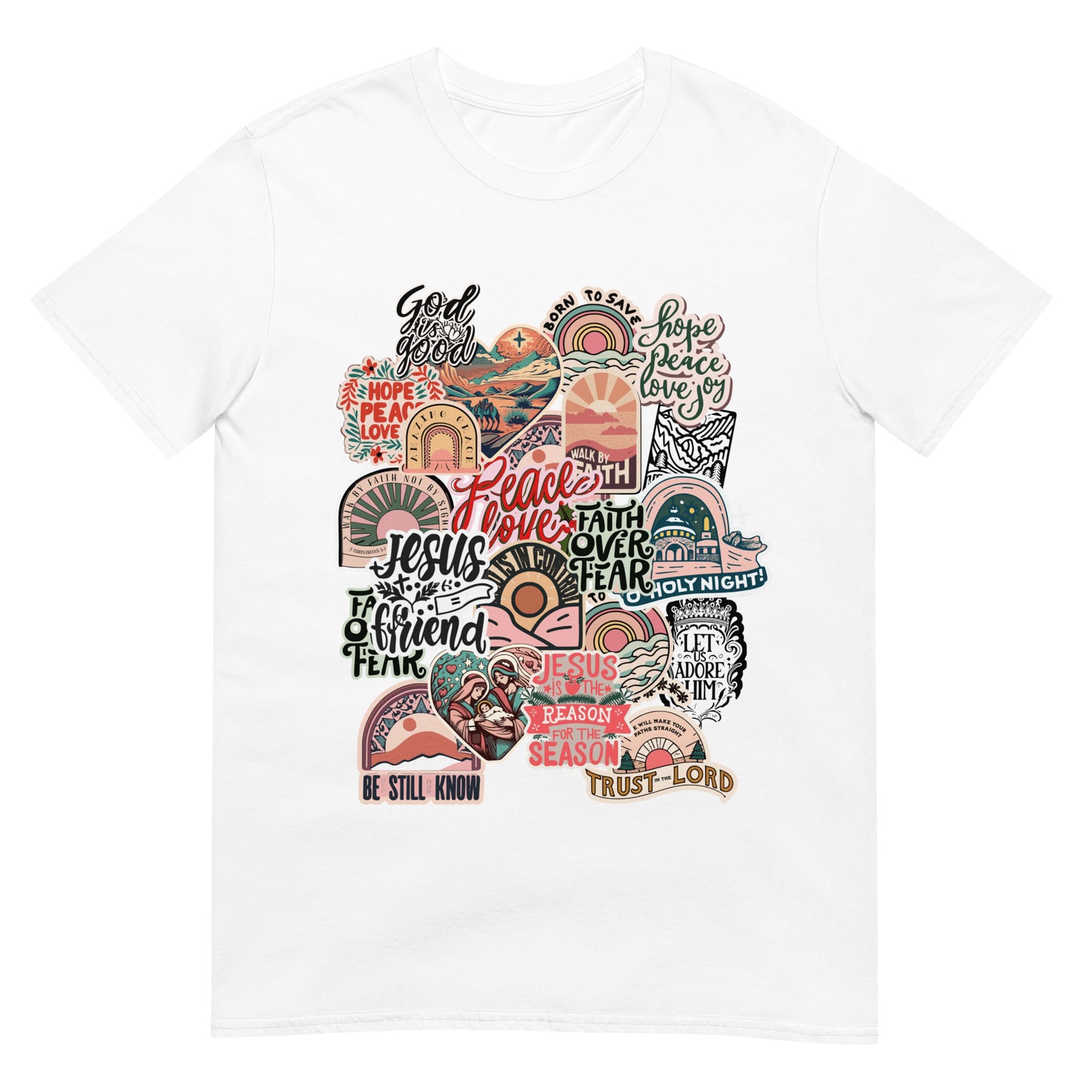 Woman wearing Jesus Is the Reason for the Season Christian T-shirt with collage design — Christmas faith apparel celebrating Jesus.
