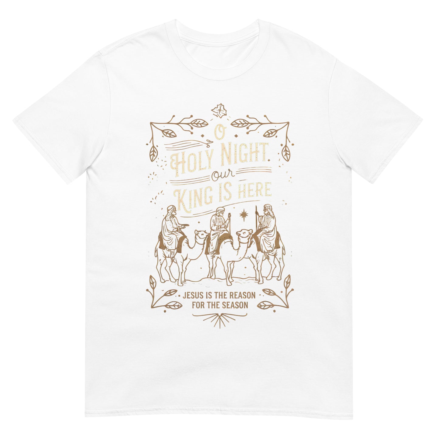 Woman wearing O Holy Night Our King Is Here Christian T-shirt with three wise men design — faith-based Christmas apparel celebrating Jesus.