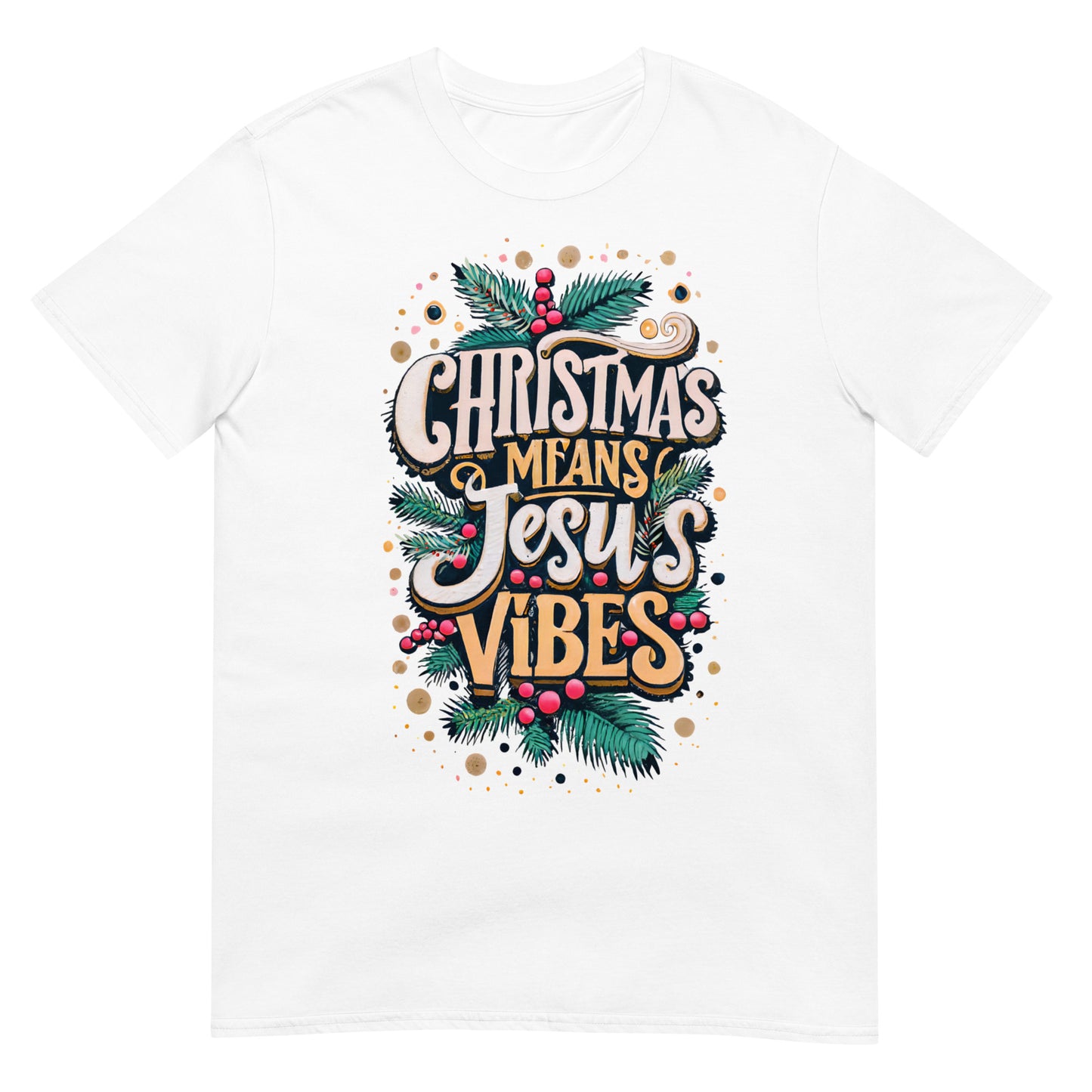 Woman wearing Christmas Means Jesus Vibes Christian T-shirt — faith-based Christmas apparel celebrating Jesus with festive holiday design.