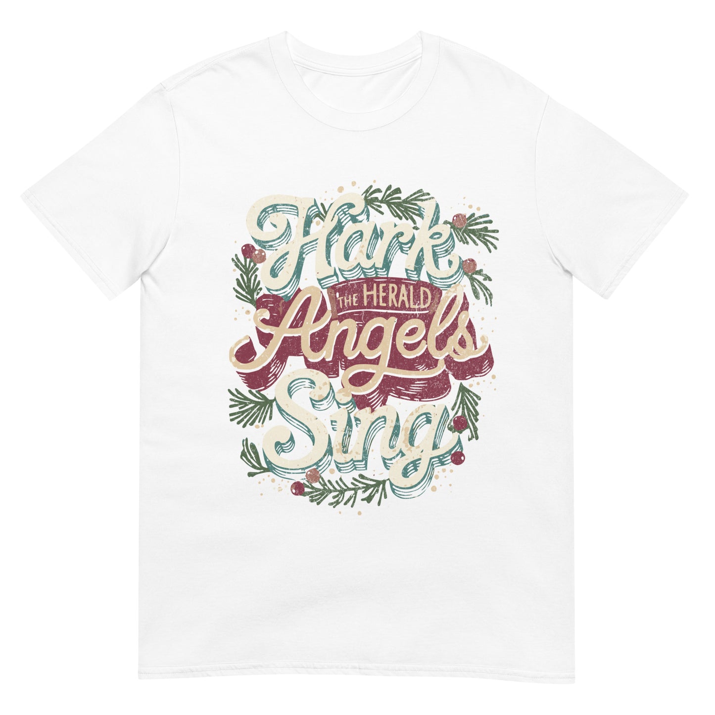 Woman wearing Hark the Herald Angels Sing Christian T-shirt — festive design with holiday greenery celebrating Jesus and Christmas joy.
