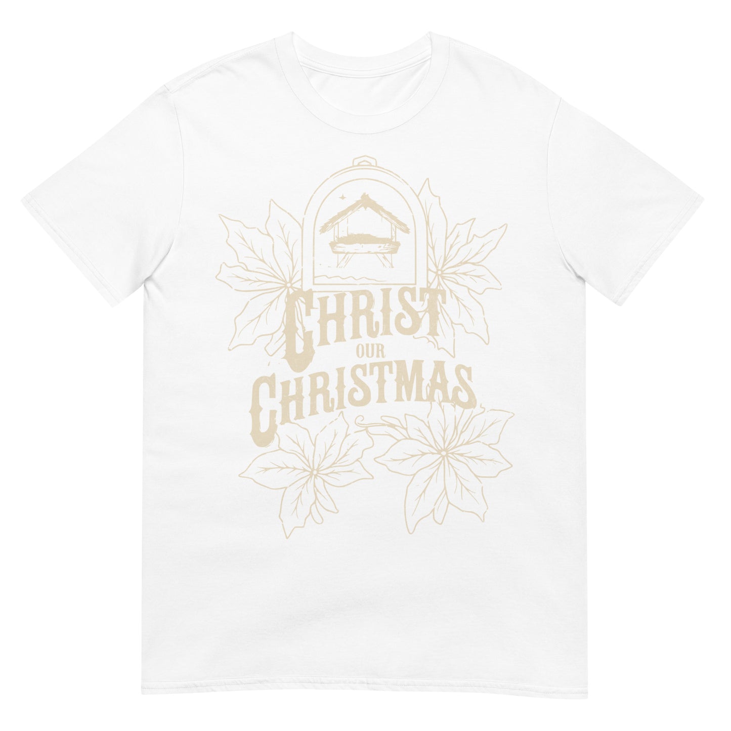 Woman wearing Christ Our Christmas Christian T-shirt with nativity design and poinsettias — faith-based apparel celebrating Jesus this holiday.