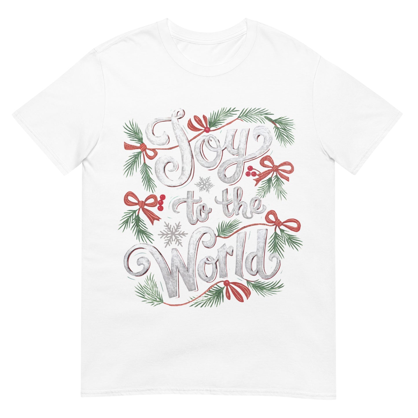 Woman wearing Joy to the World Christian Christmas T-shirt — festive faith-based design with greenery and red bows.