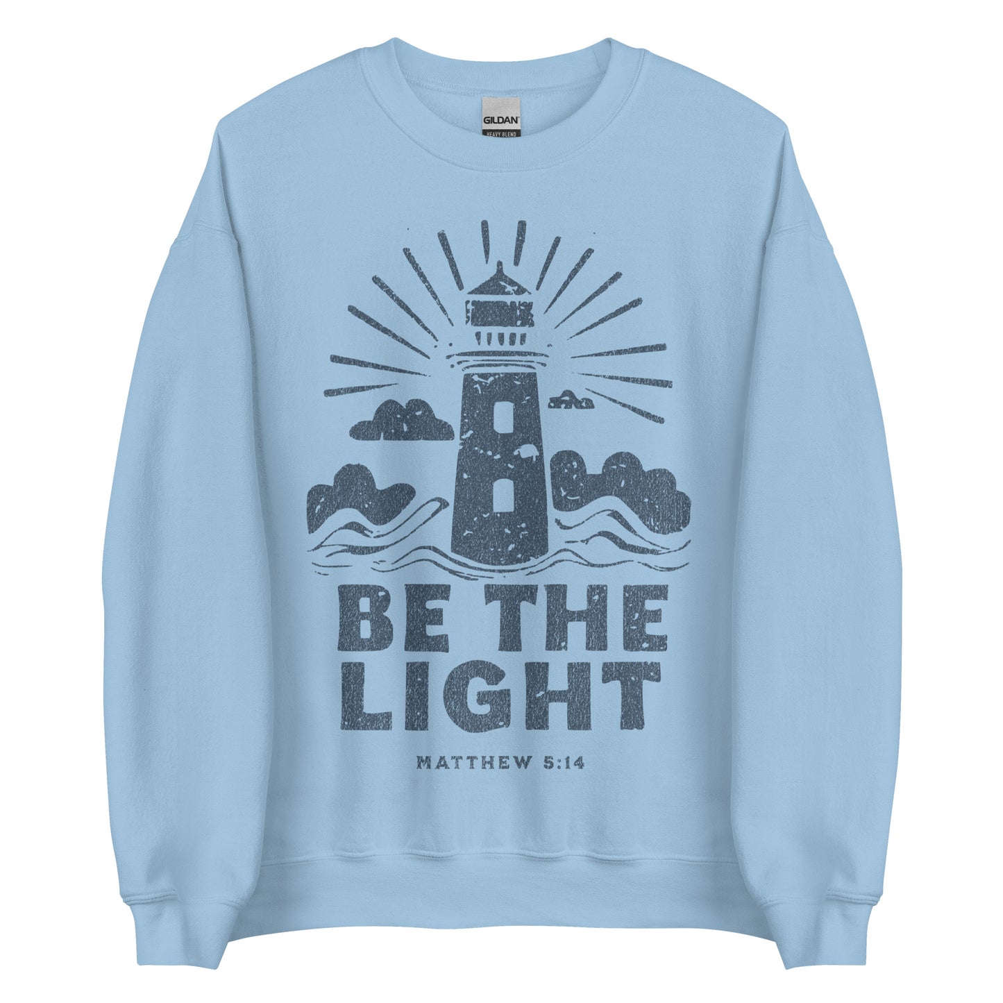 Faith sweatshirt with lighthouse and Matthew 5:14 design. Christian sweatshirt for women encouraging them to be the light
