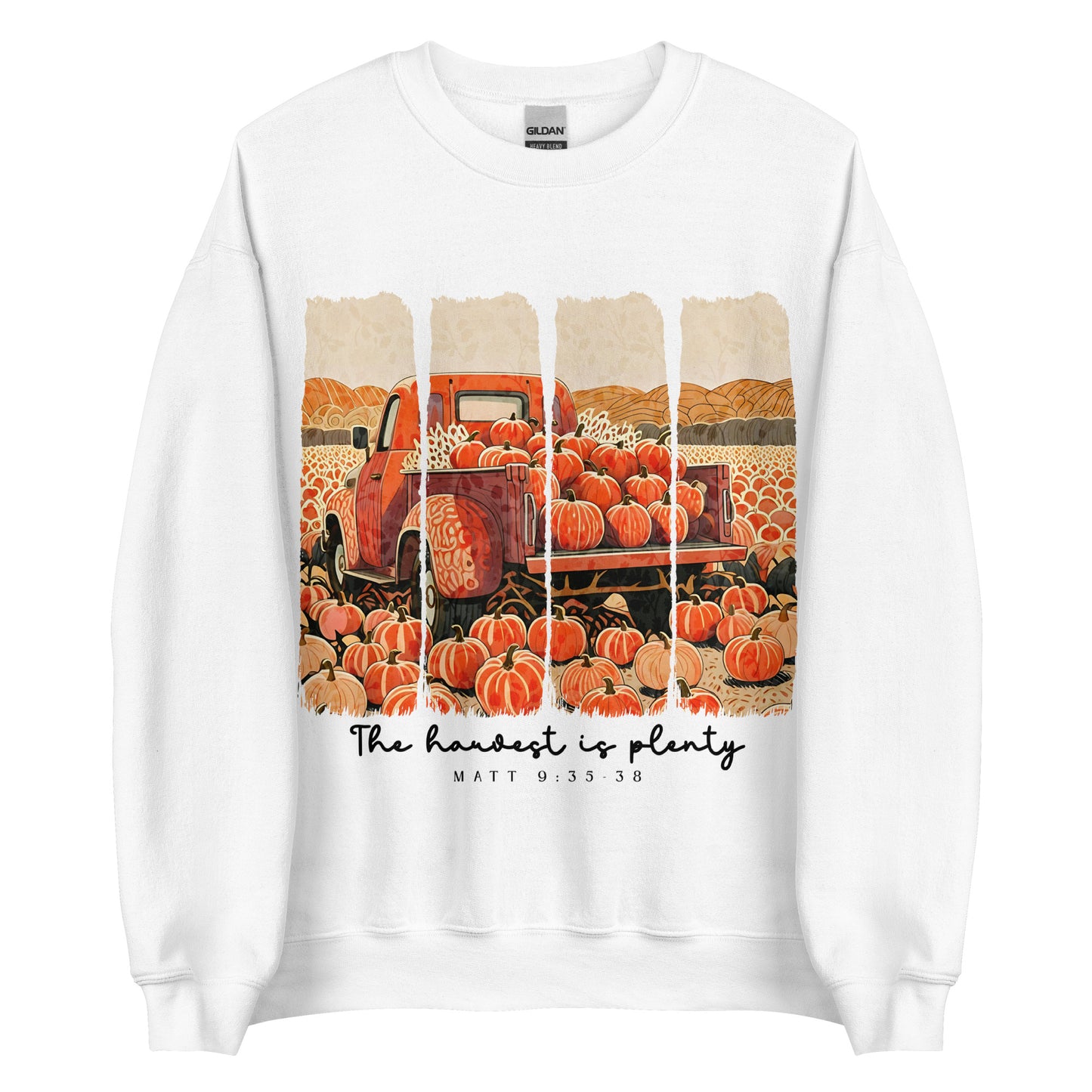 Faith sweatshirt with pumpkin truck and Matthew 9:37 design. Christian sweatshirt reminding believers the harvest is plentiful