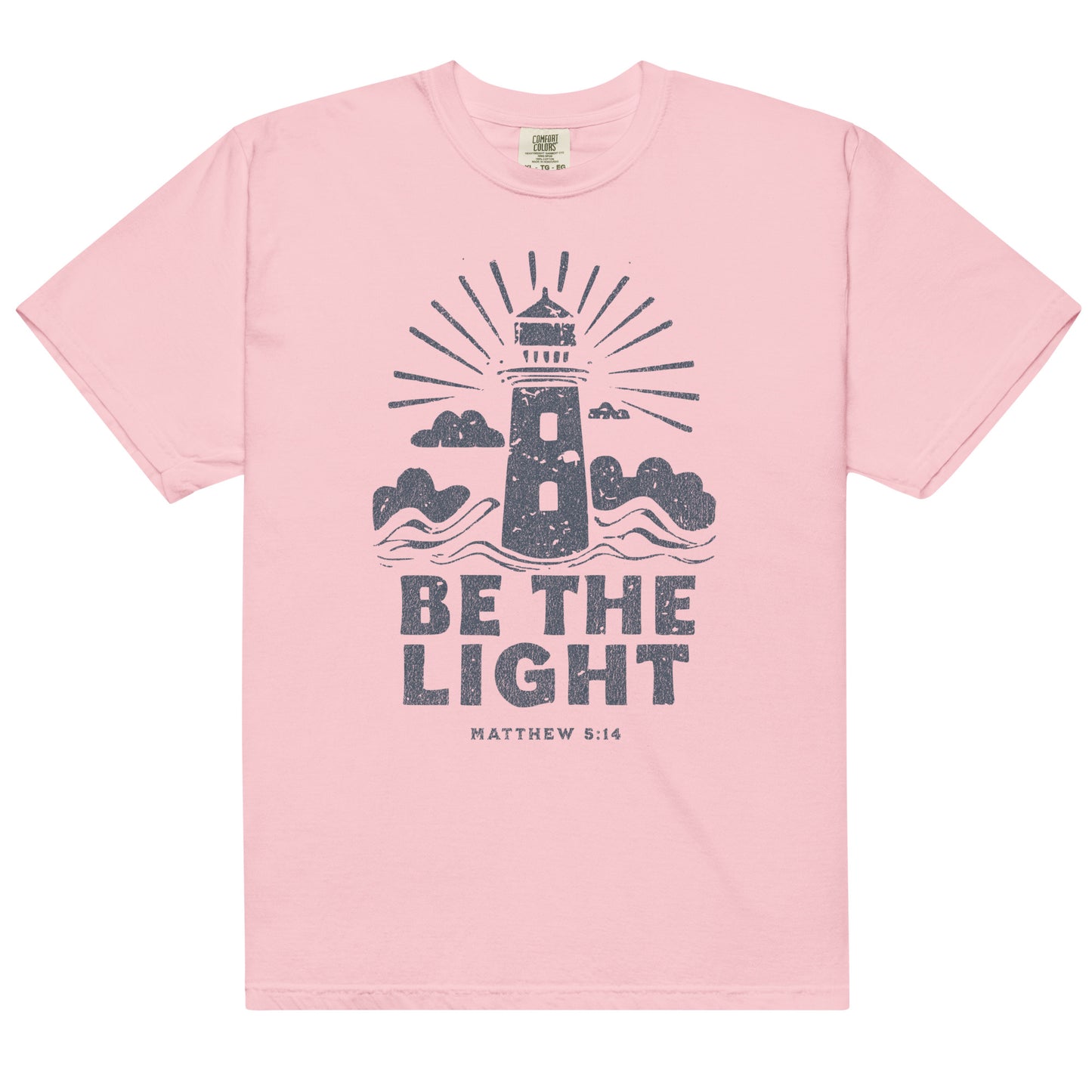 Faith apparel with lighthouse design and Matthew 5:14 scripture. Christian t-shirt reminding women to shine their light in faith