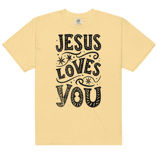 Faith apparel with gospel-inspired Jesus Loves You design. Christian t-shirt for women sharing message of God’s love