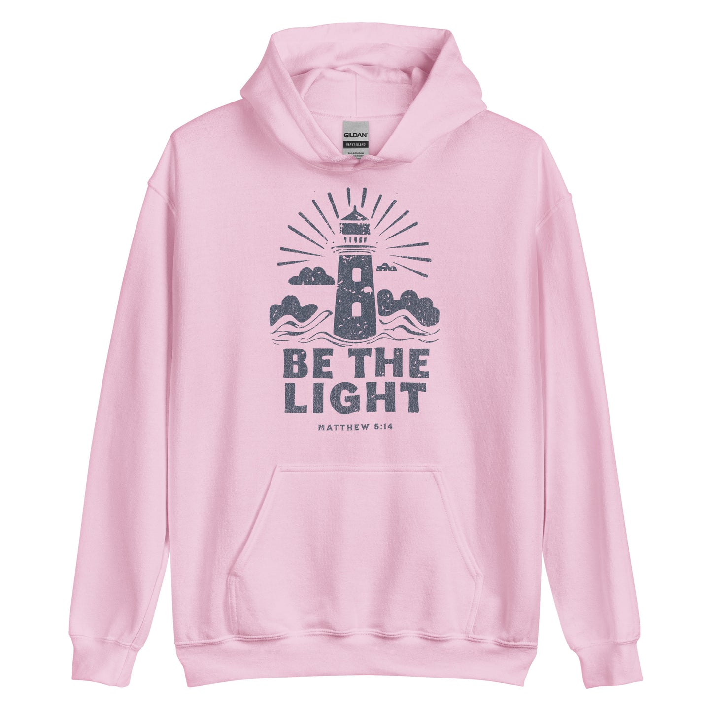 Faith hoodie with lighthouse design and Matthew 5:14 scripture. Christian hoodie for women reminding believers to shine their light.