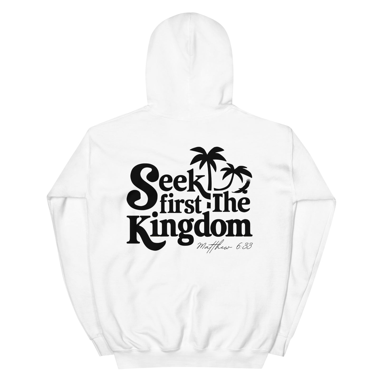 Faith hoodie with Matthew 6:33 scripture and palm tree design. Christian hoodie for women encouraging seek God first message