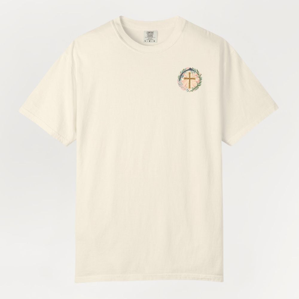 Beige t-shirt with a logo on a light gray background
