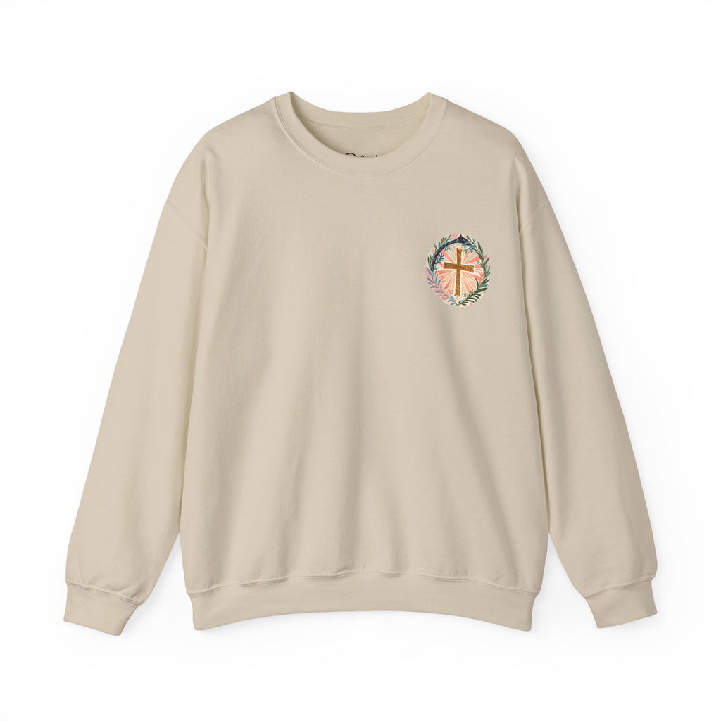 Beige sweatshirt with a colorful emblem on a white background