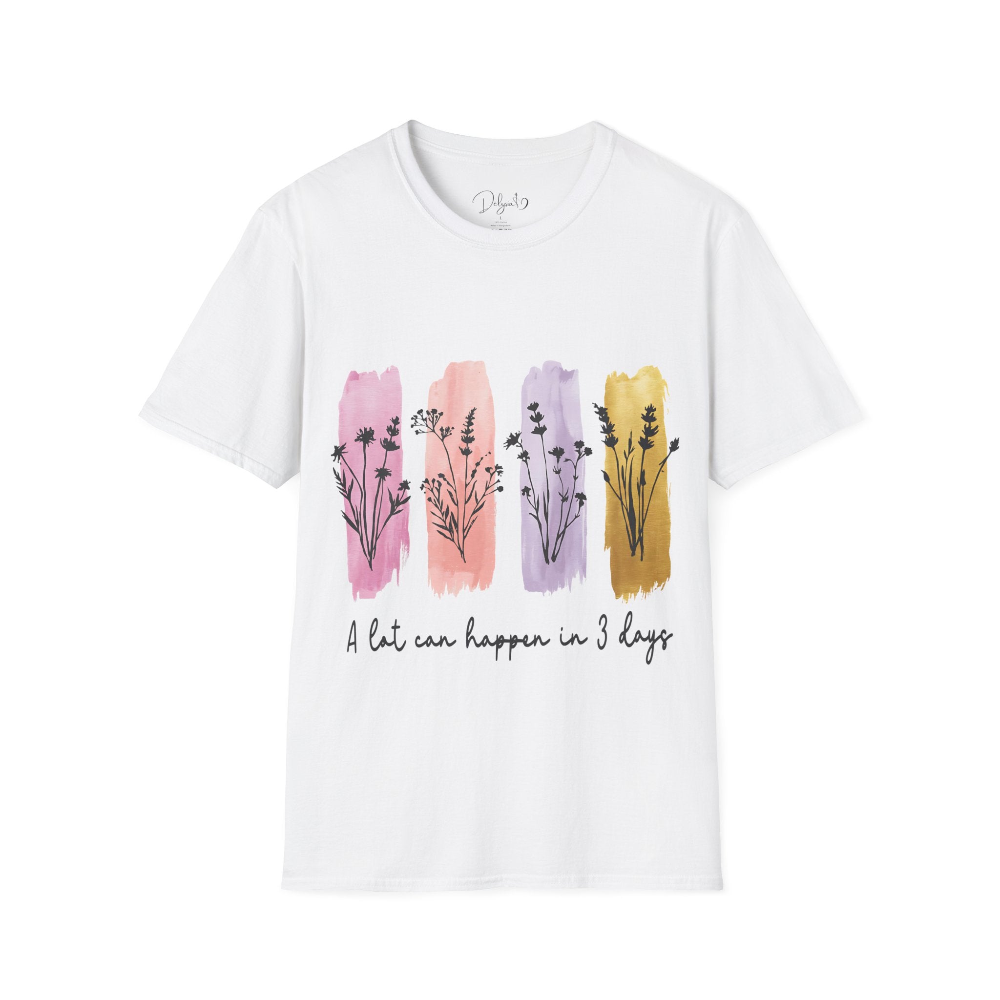 White t-shirt with colorful floral designs and text on a white background