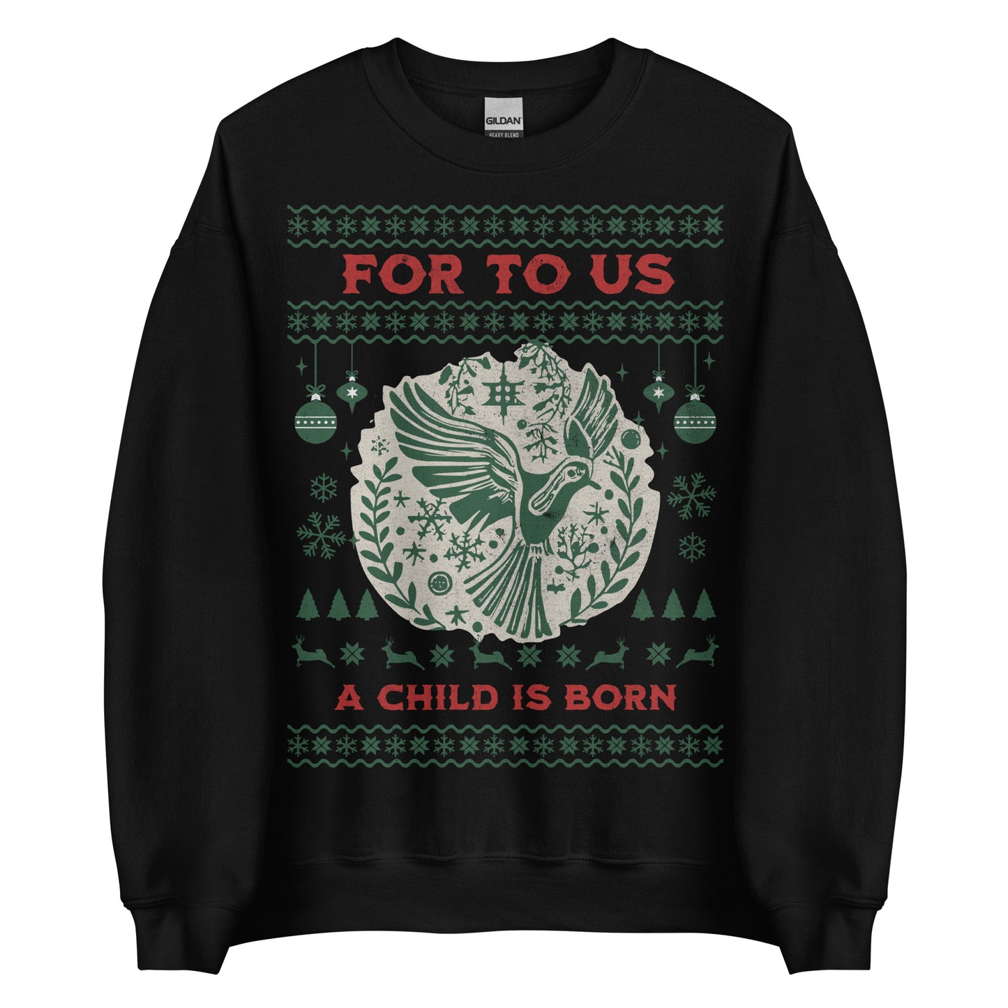 Woman wearing For To Us a Child Is Born Christian Christmas sweater with dove and festive design.