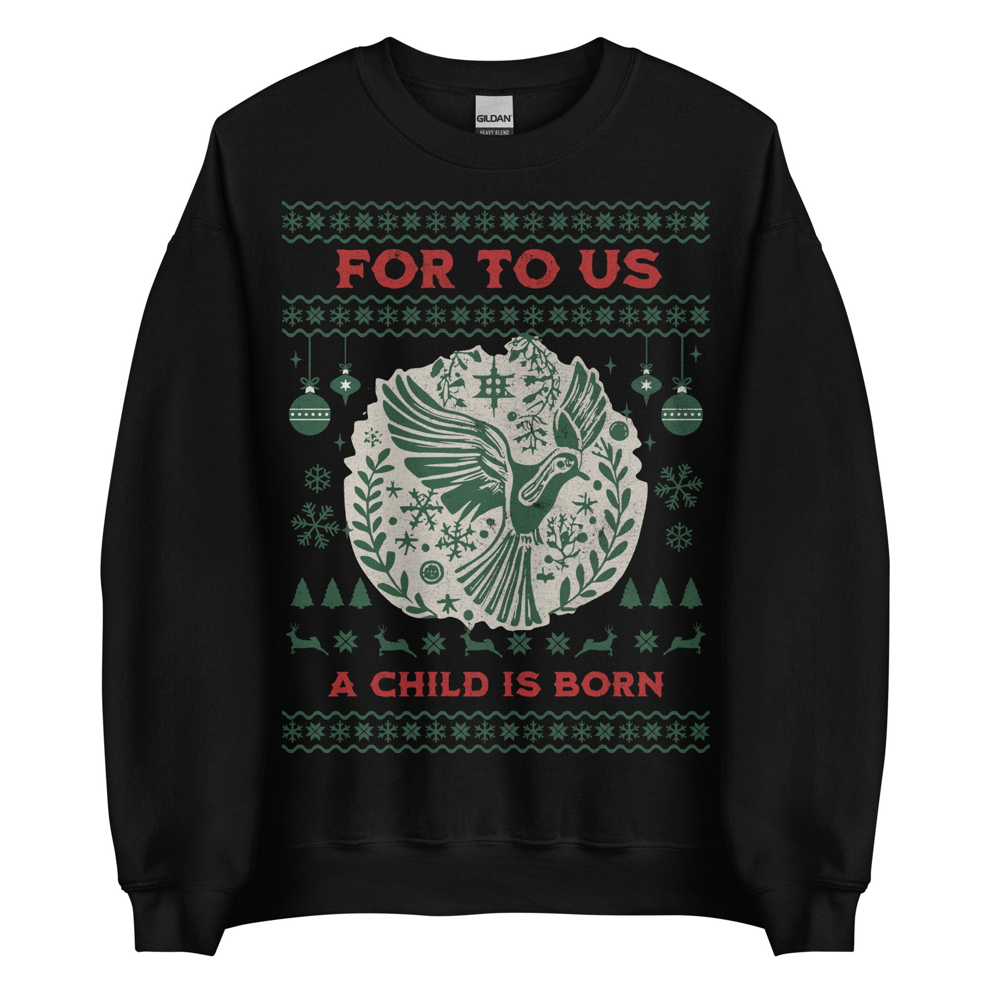 Woman wearing For To Us a Child Is Born Christian Christmas sweater with dove and festive design.