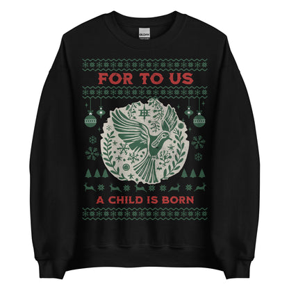 Woman wearing For To Us a Child Is Born Christian Christmas sweater with dove and festive design.