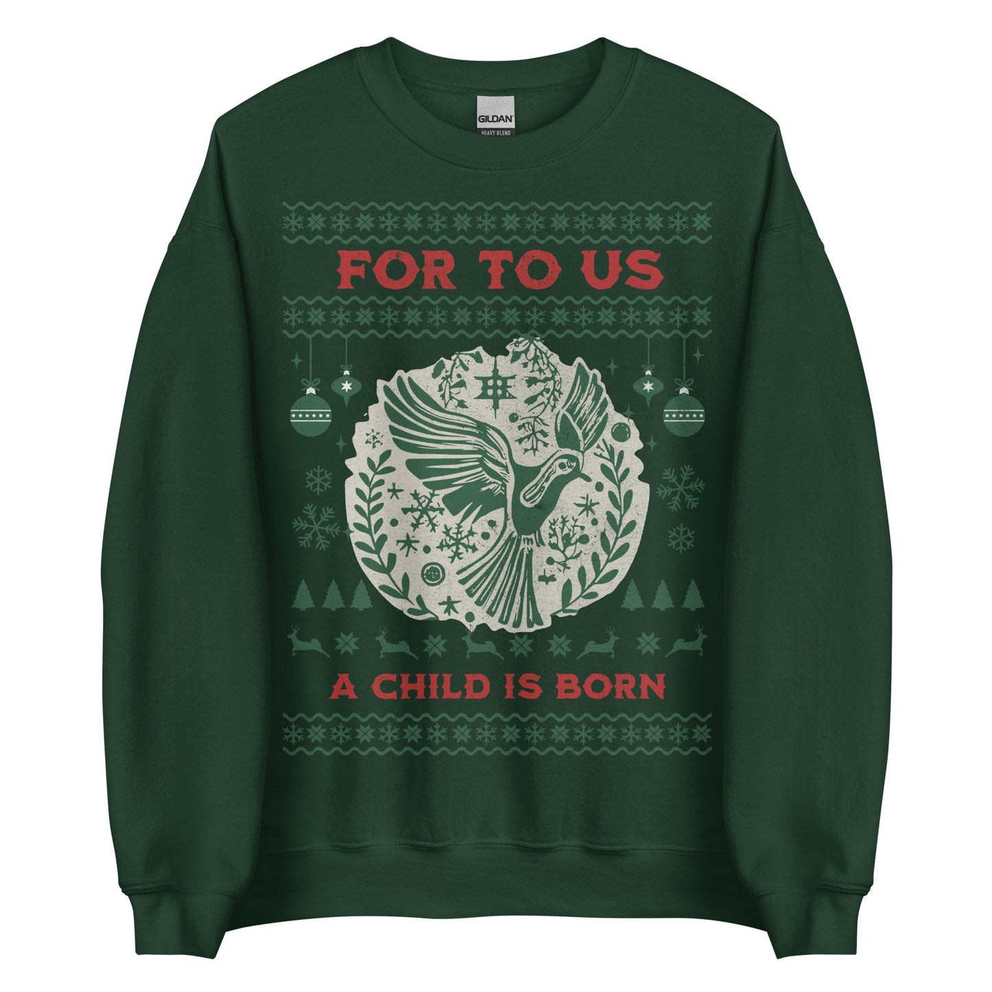 Woman wearing For To Us a Child Is Born Christian Christmas sweater with dove and festive design.