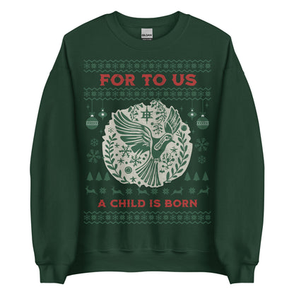 Woman wearing For To Us a Child Is Born Christian Christmas sweater with dove and festive design.