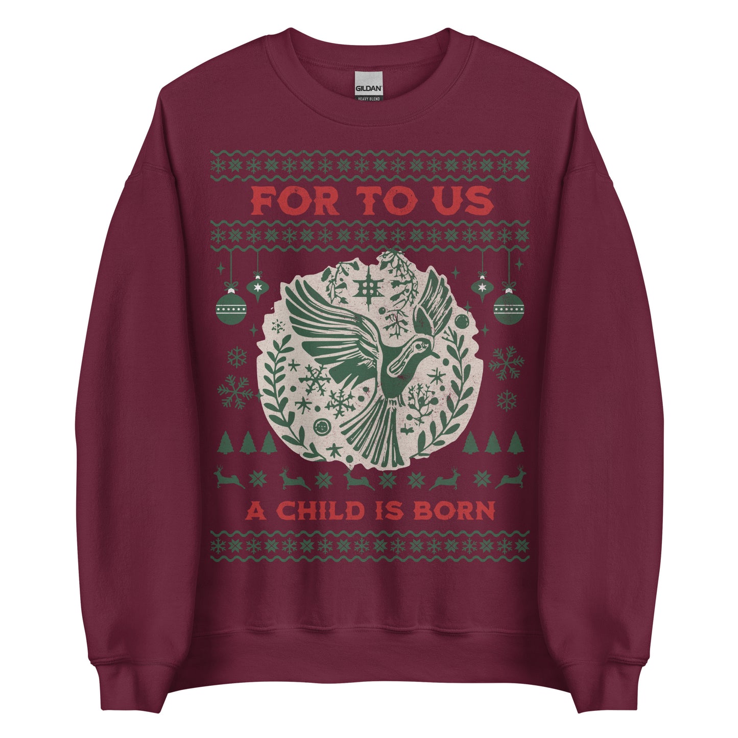 Woman wearing For To Us a Child Is Born Christian Christmas sweater with dove and festive design.