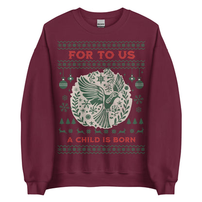 Woman wearing For To Us a Child Is Born Christian Christmas sweater with dove and festive design.