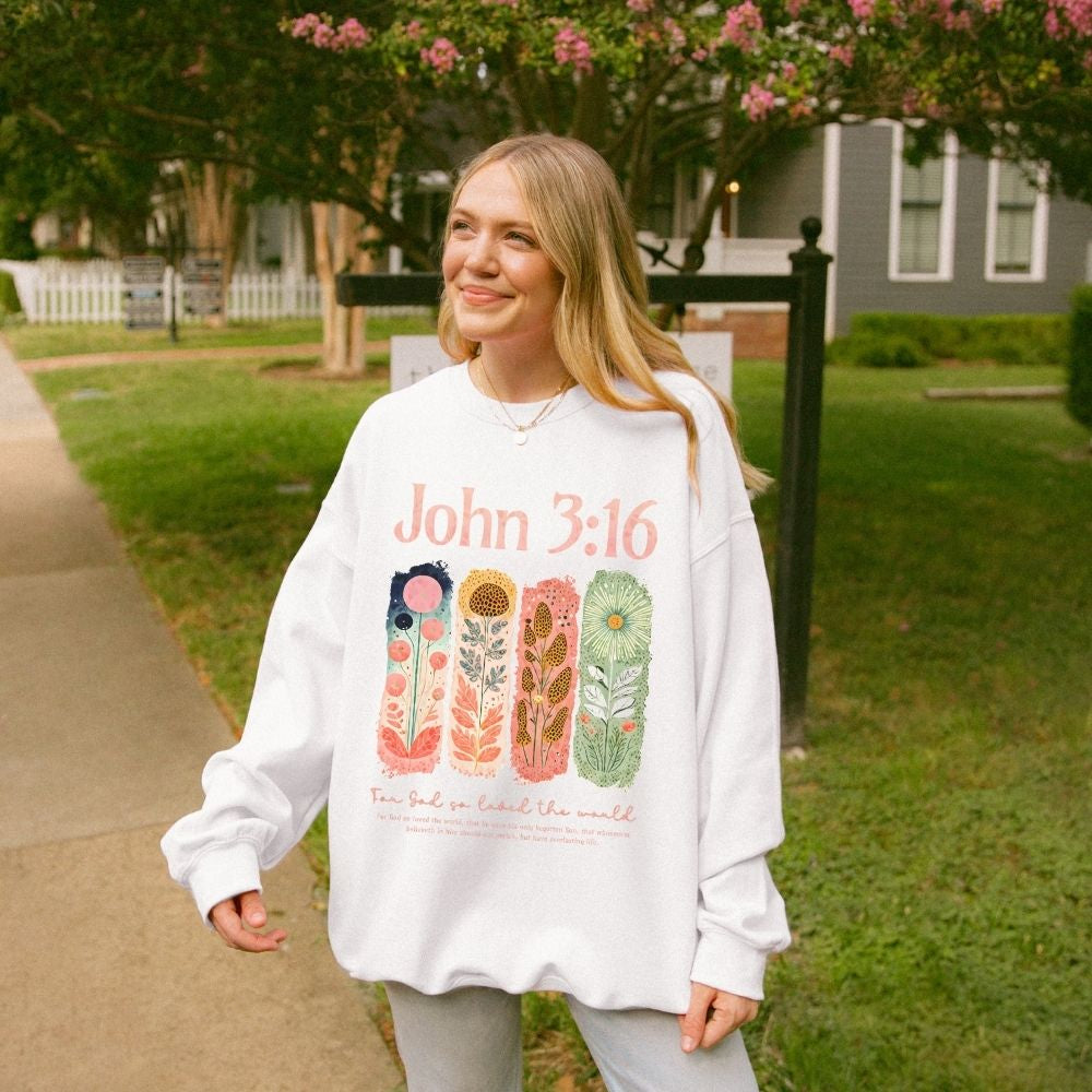 John 3:16 Christian apparel with botanical artwork