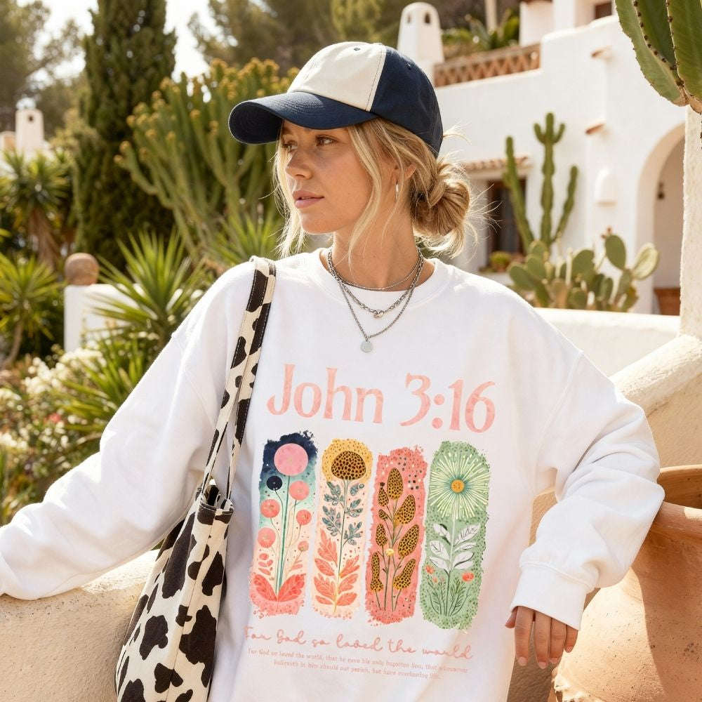 John 3:16 Christian apparel with botanical artwork