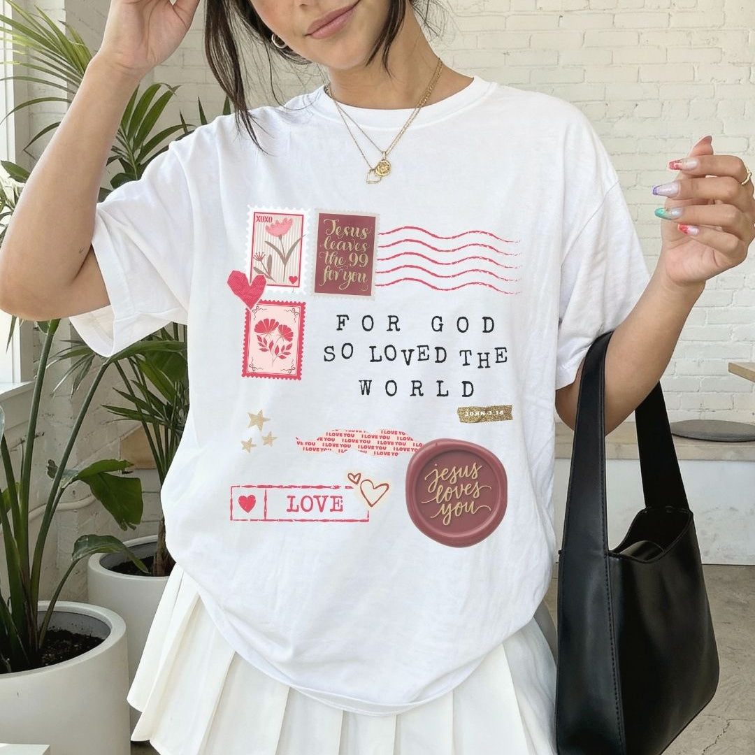 White faith inspired t-shirt featuring For God so loved the world design inspired by John 3:16