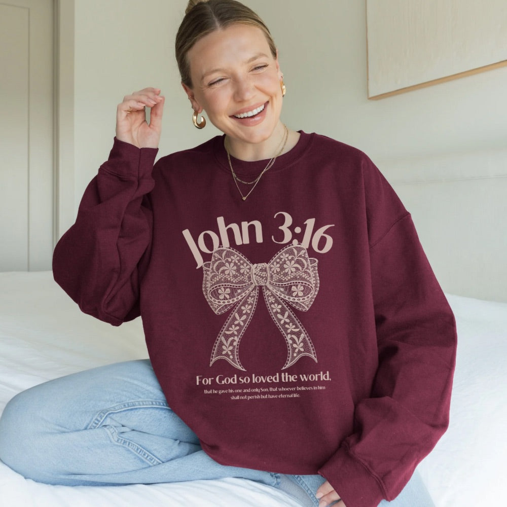 John 3:16 bow Christian sweatshirt in burgundy
maroon