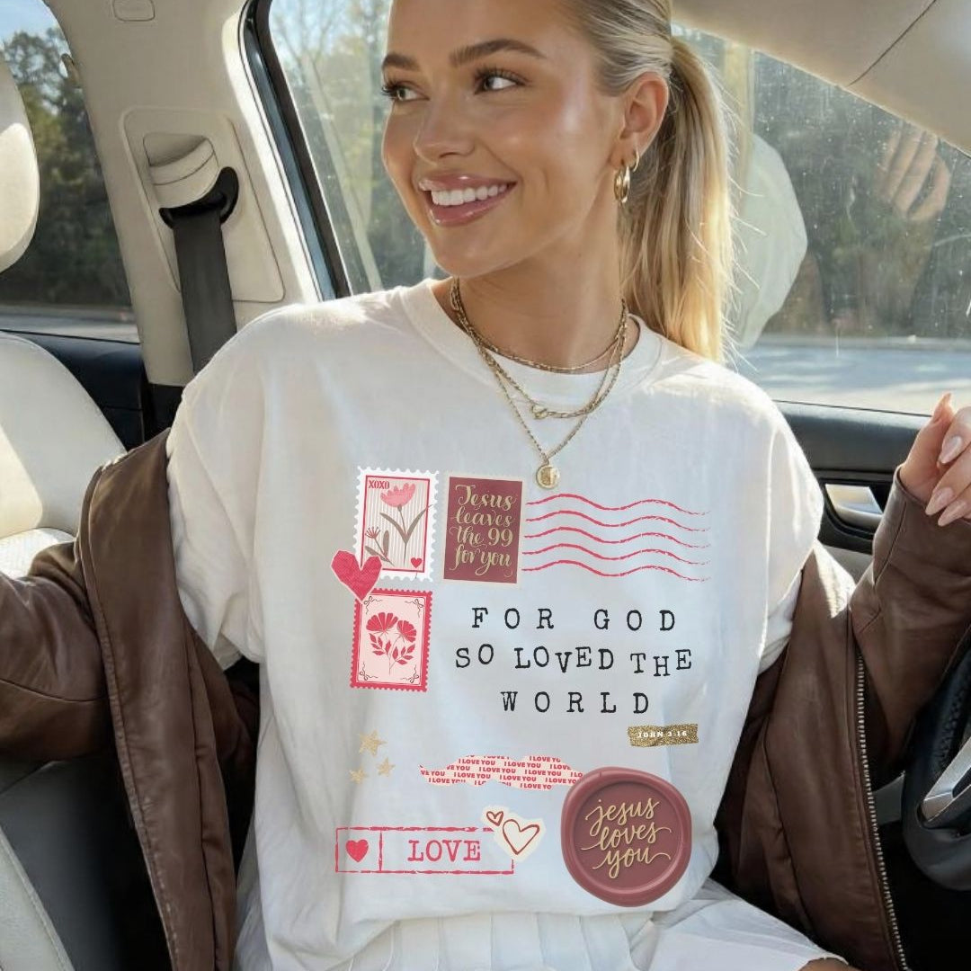 White faith inspired t-shirt featuring For God so loved the world design inspired by John 3:16