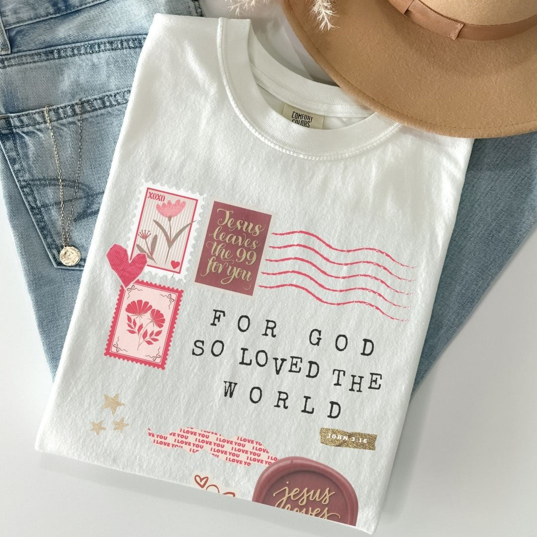 White faith inspired t-shirt featuring For God so loved the world design inspired by John 3:16