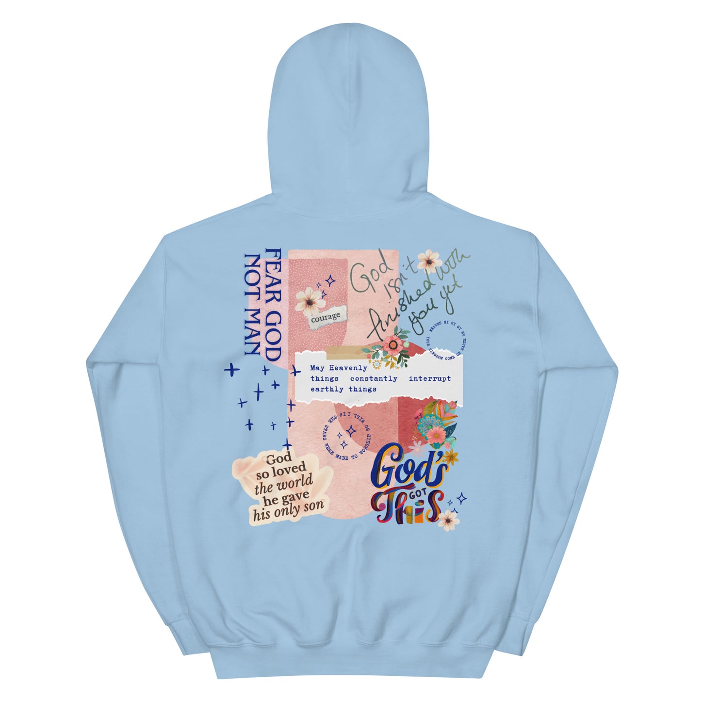 Woman wearing Fear God Not Man hoodie with God Tier collage design — Christian streetwear faith apparel.