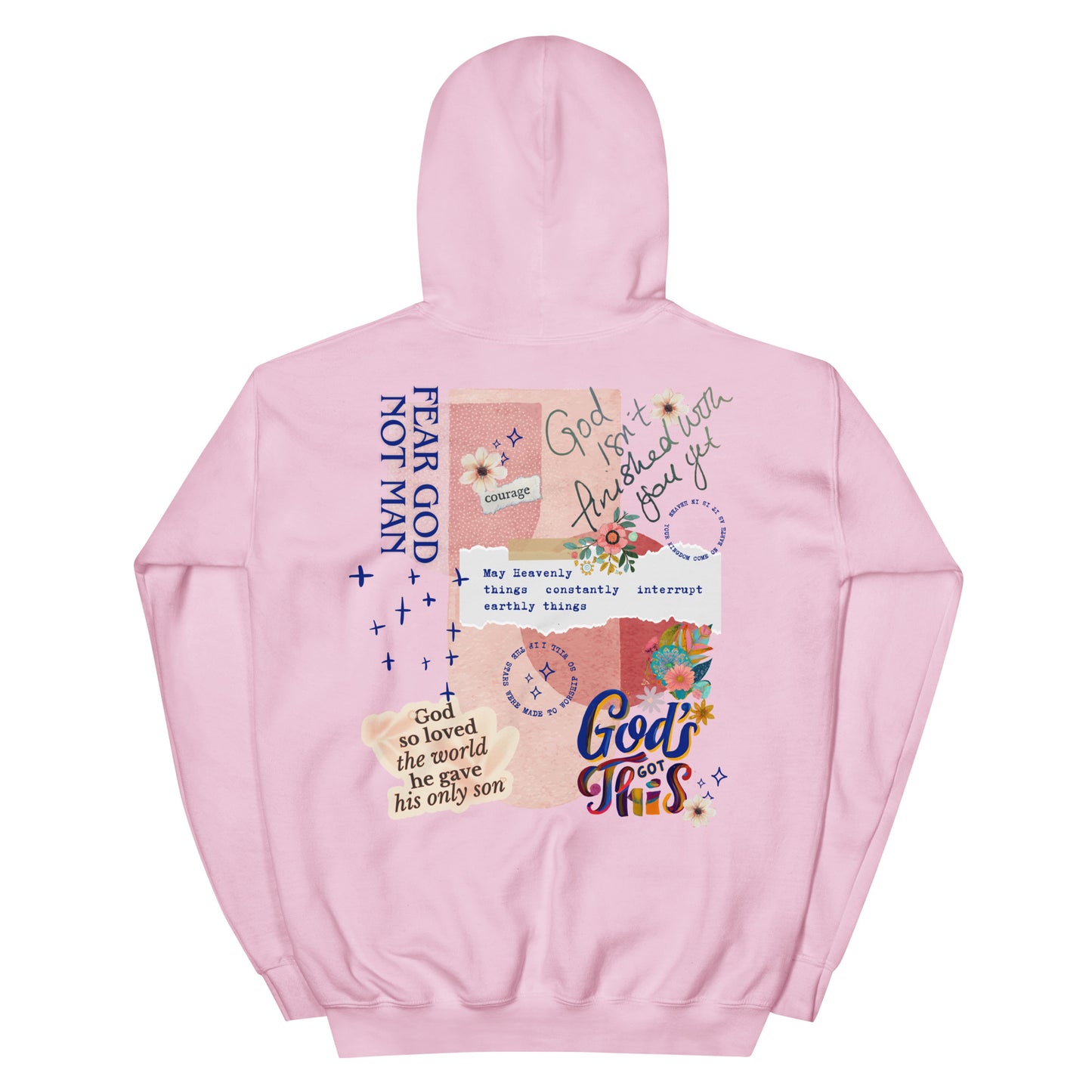 Woman wearing Fear God Not Man hoodie with God Tier collage design — Christian streetwear faith apparel.