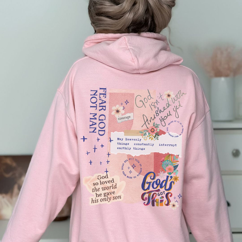 Back view of a pink faith-inspired hoodie with collage-style Christian design