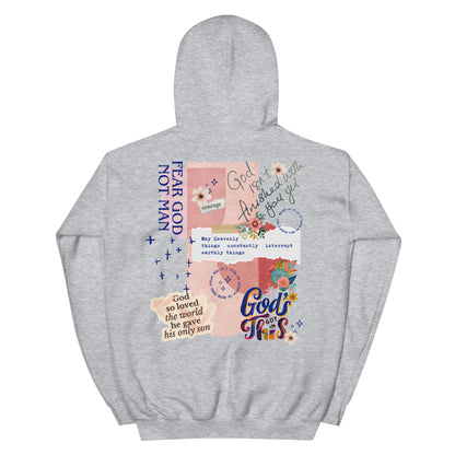 Woman wearing Fear God Not Man hoodie with God Tier collage design — Christian streetwear faith apparel.