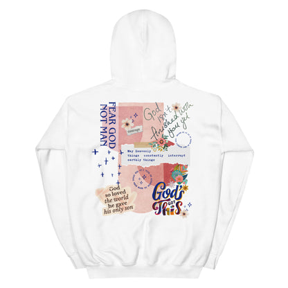 Woman wearing Fear God Not Man hoodie with God Tier collage design — Christian streetwear faith apparel.