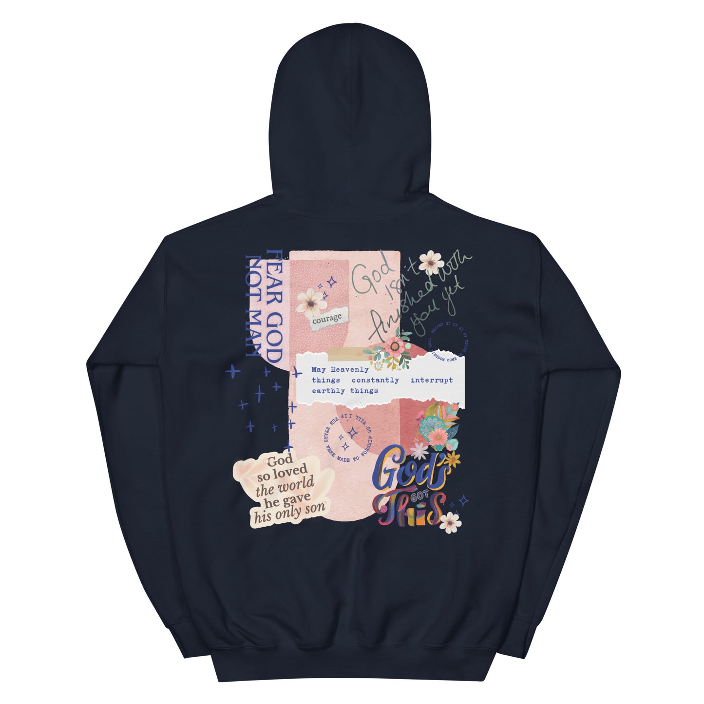 Woman wearing Fear God Not Man hoodie with God Tier collage design — Christian streetwear faith apparel.