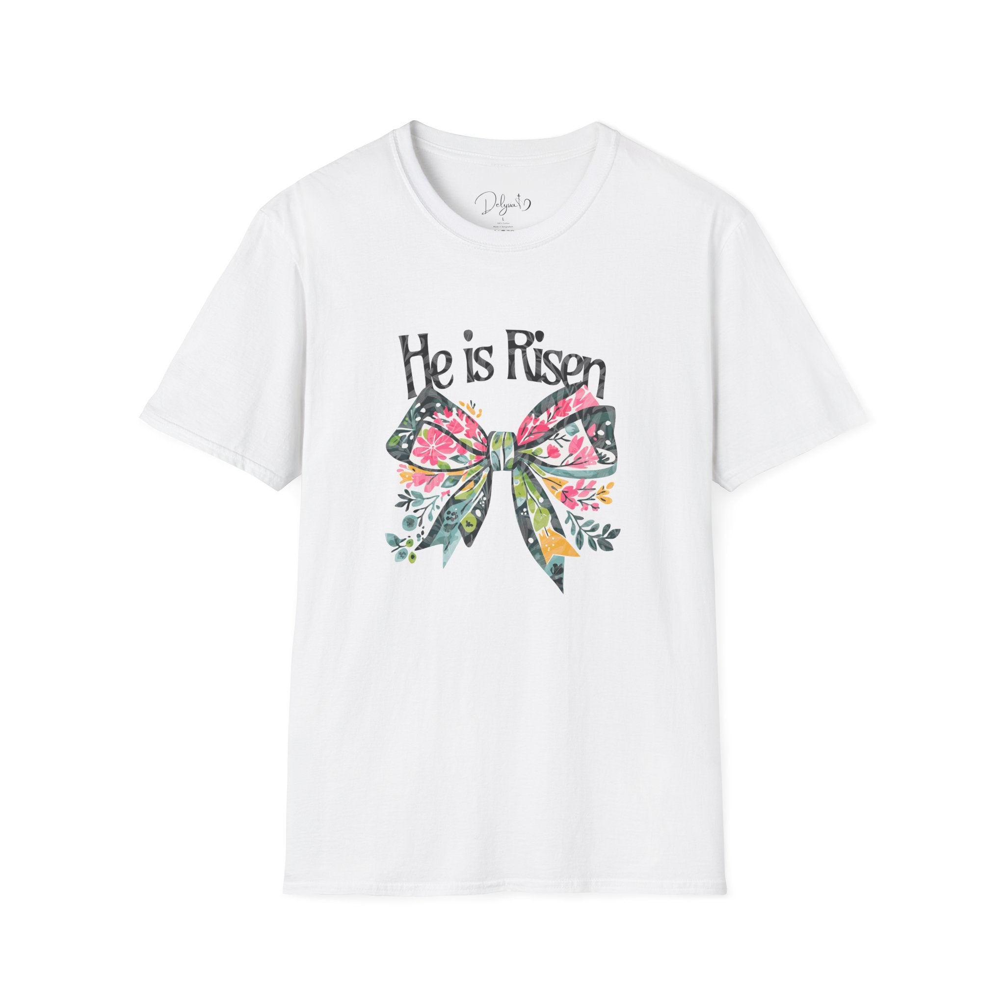White t-shirt with floral bow and 'He is Risen' text on a white background