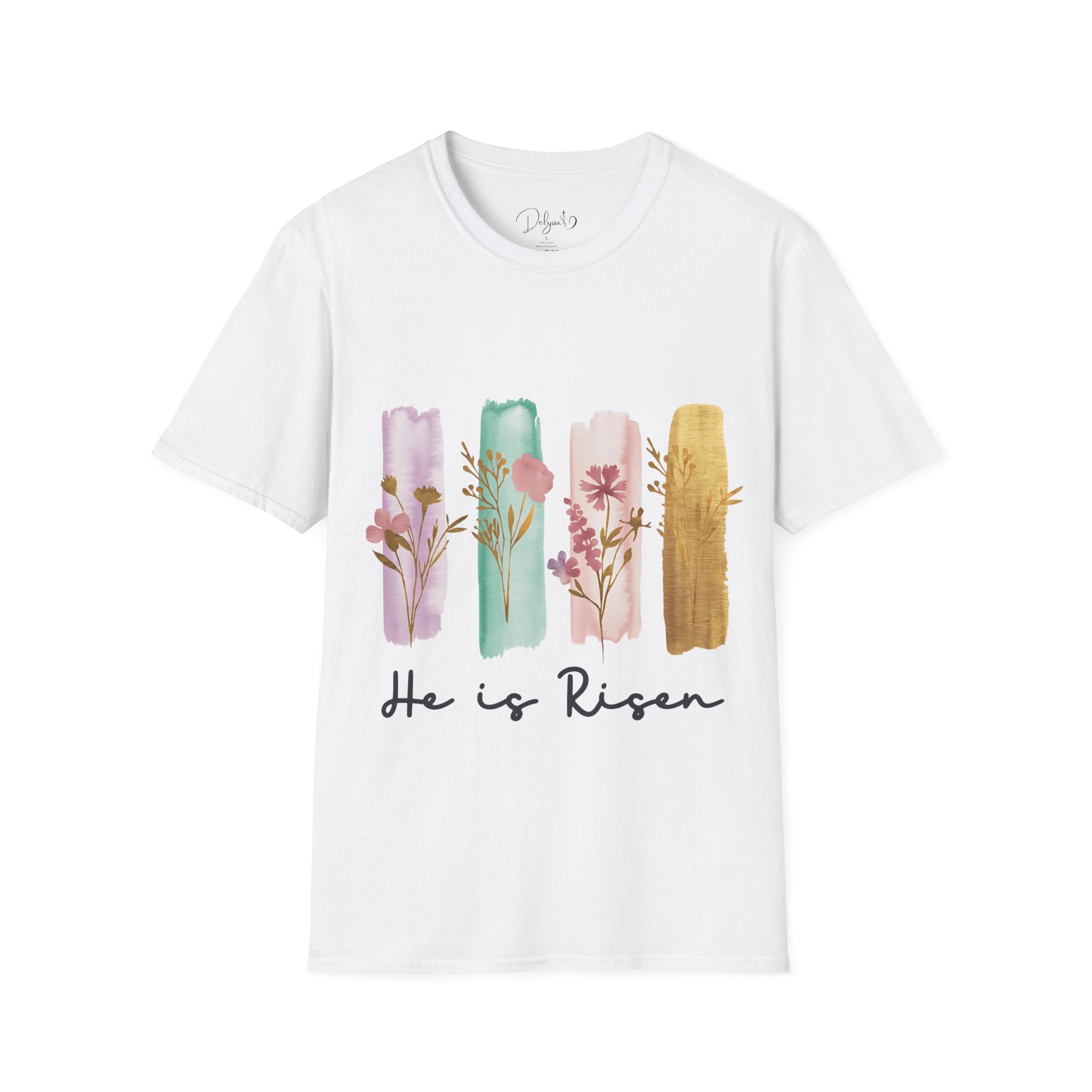 White t-shirt with floral design and 'He is Risen' text on a white background