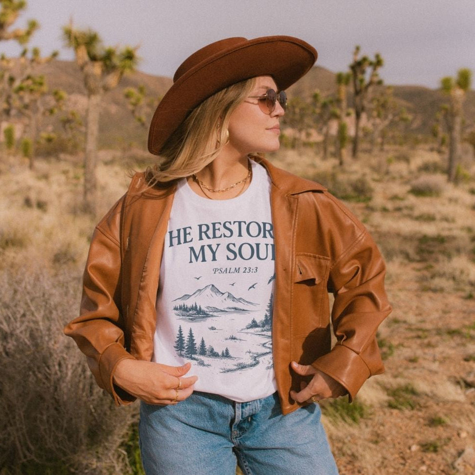 He restores my soul Psalm 23:3 Christian t shirt