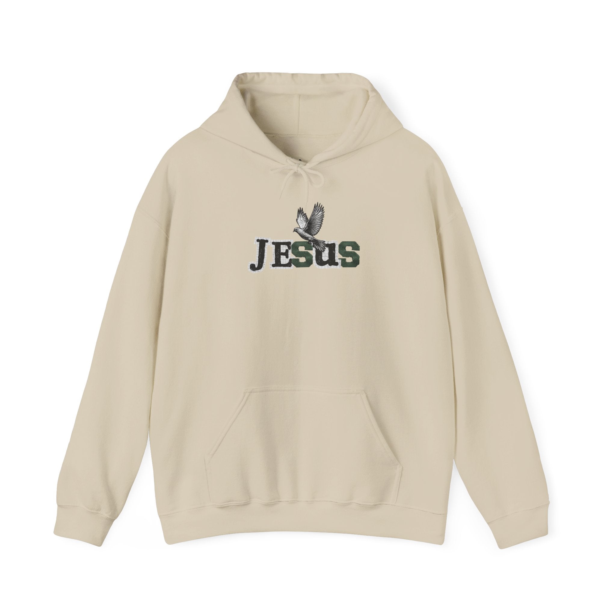 Beige hoodie with 'Jesus' and dove design on a white background
