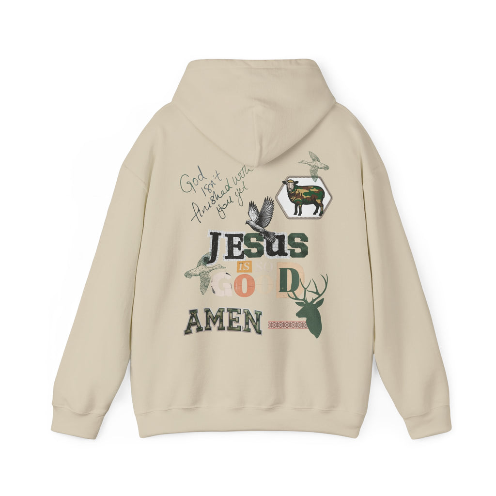 Beige hoodie with religious text and graphics on the back against a white background