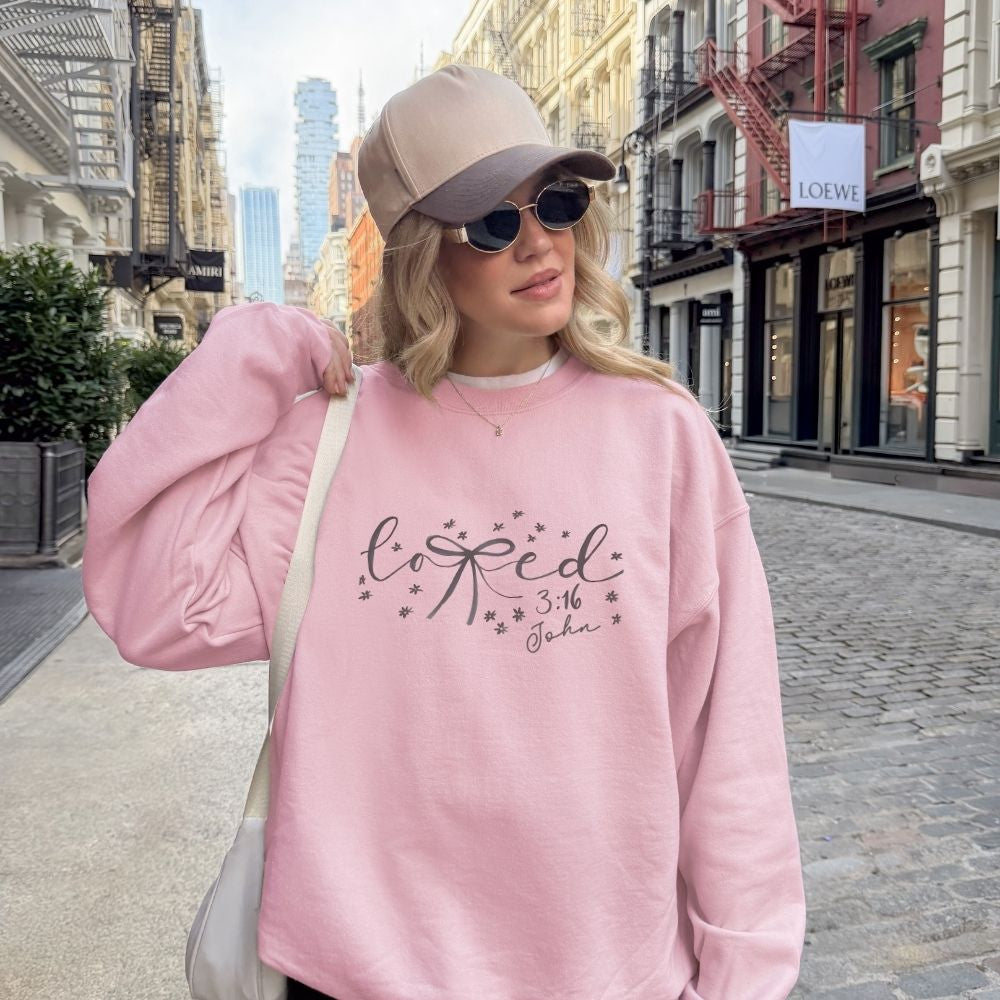 Loved John 3:16 Christian sweatshirt in light pink