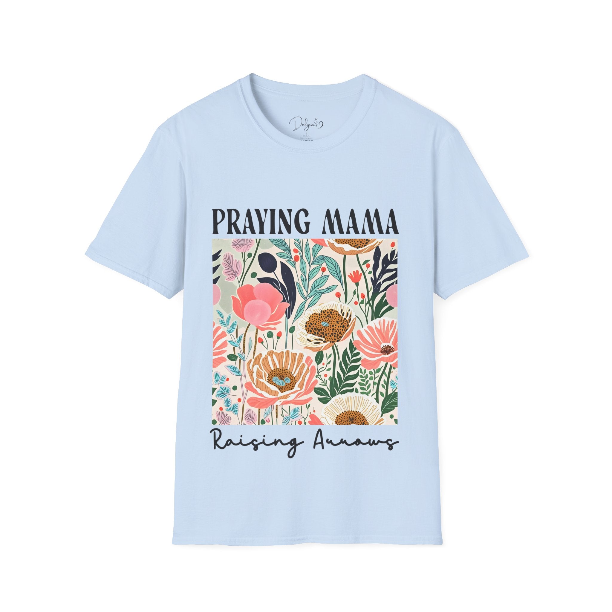 Light blue t-shirt with floral design and text on a white background