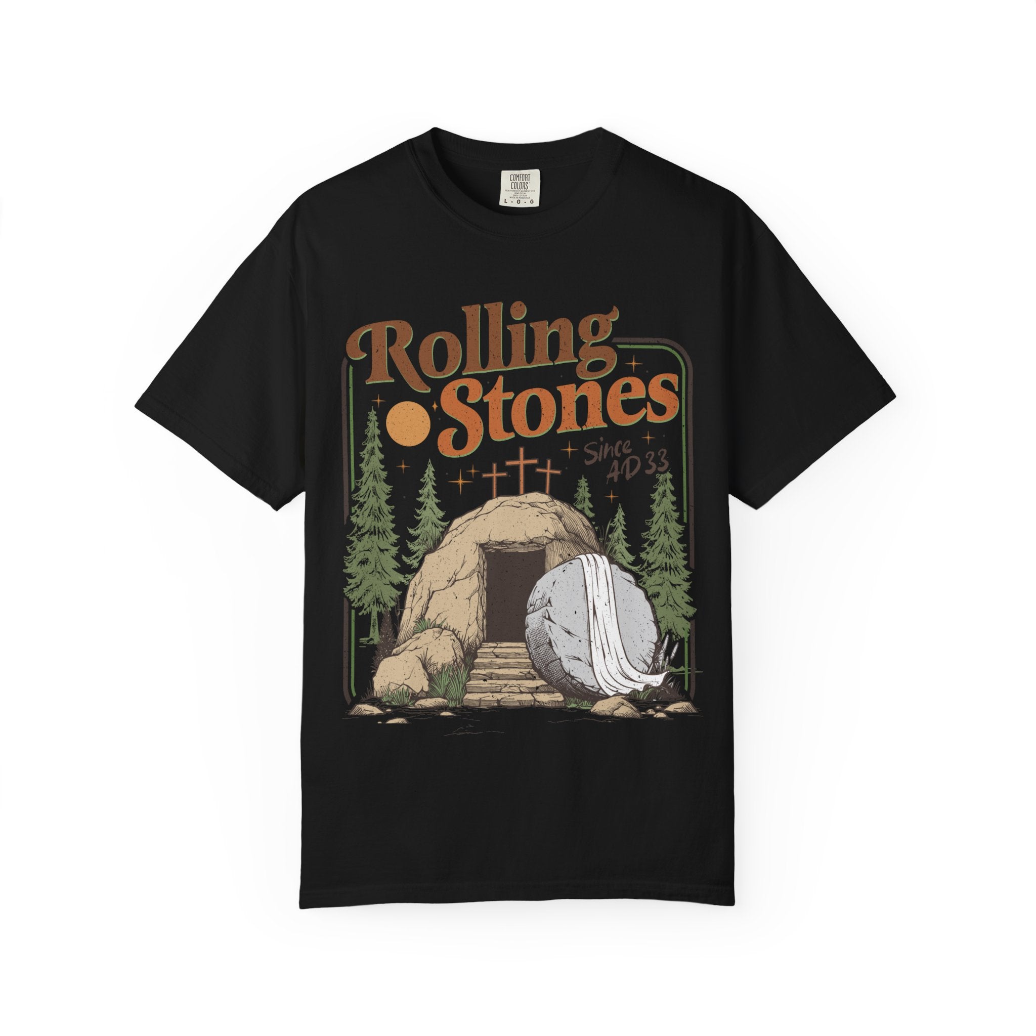 Black t-shirt with Rolling Stones graphic design on a white background