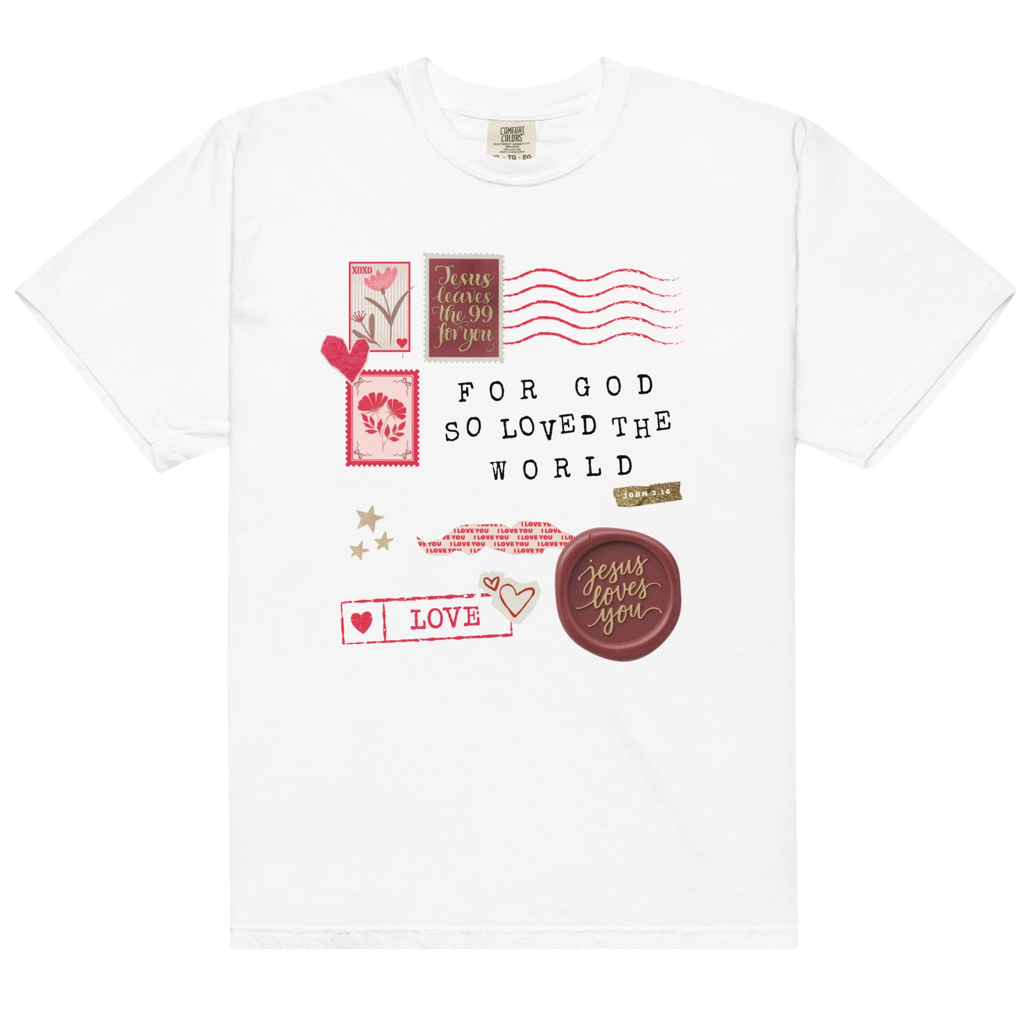 White faith inspired t-shirt featuring For God so loved the world design inspired by John 3:16