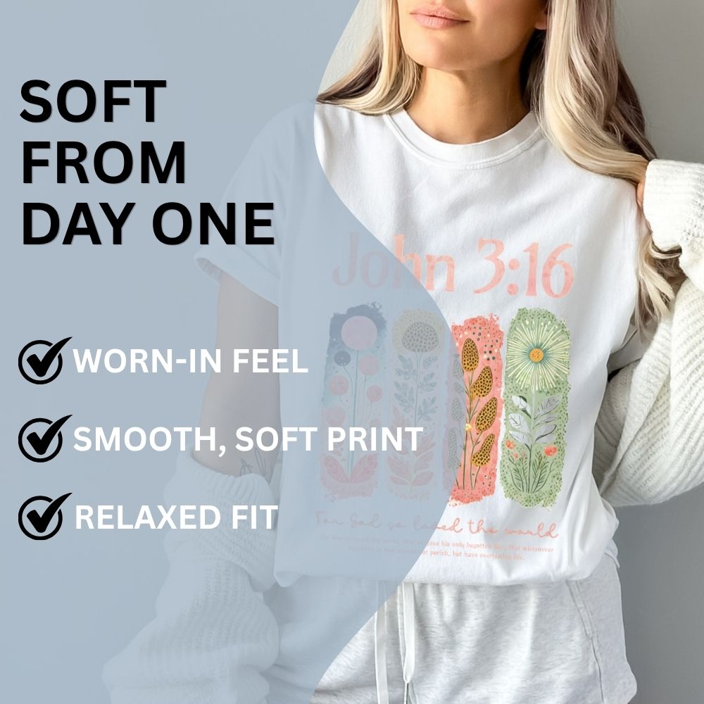 Person wearing a white t-shirt with a design and text, with promotional text about shirt features.