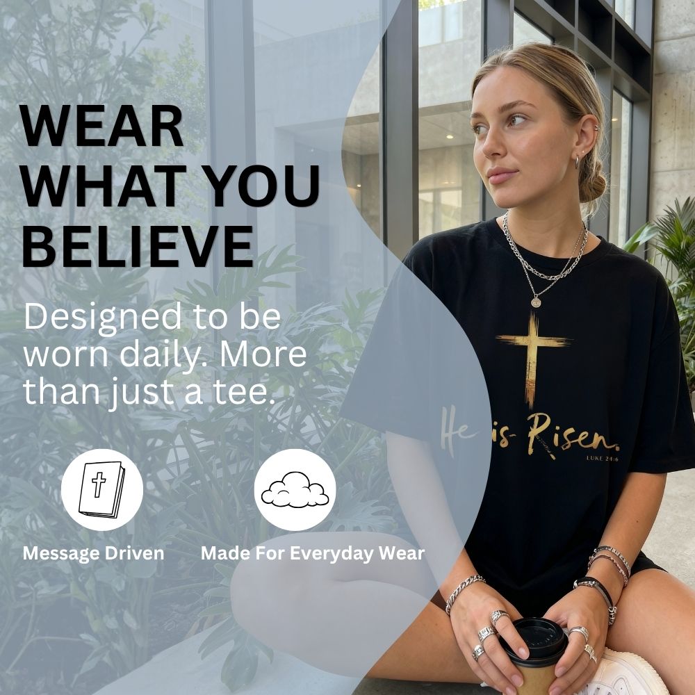 Woman wearing a black t-shirt with 'He is Risen' text, holding a coffee cup, with promotional text overlay.