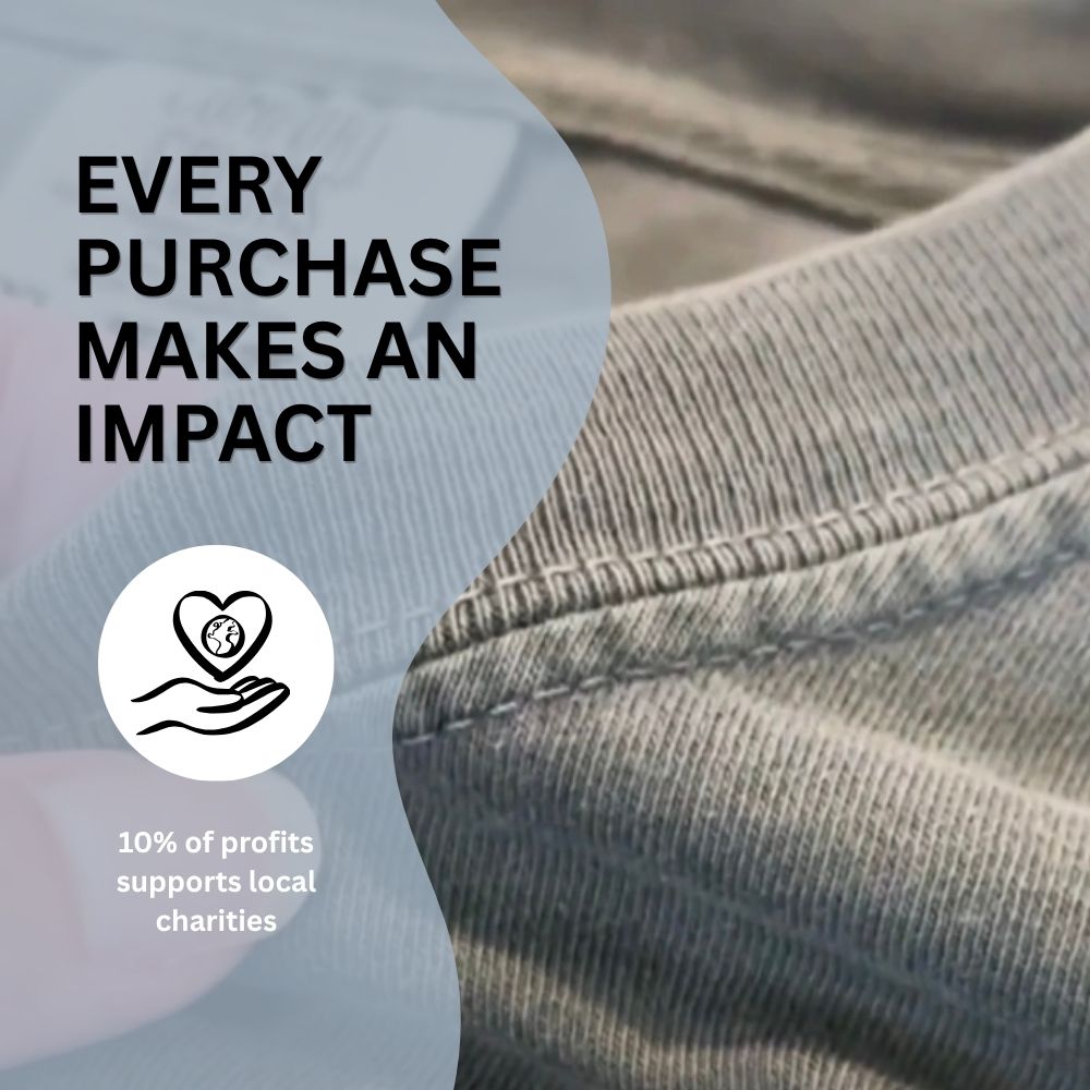 Close-up of jeans with 'Every Purchase Makes an Impact' text and charity logo.