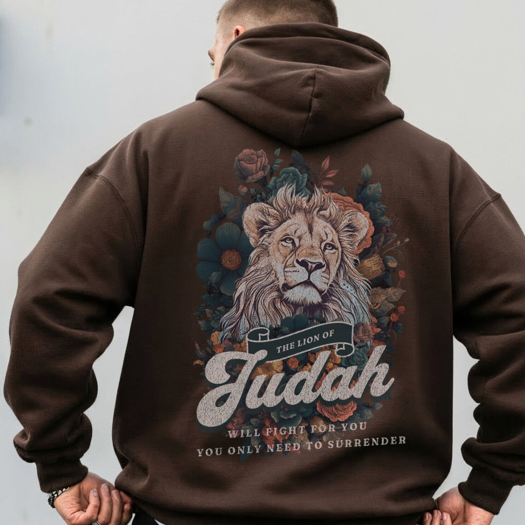 Back view of brown hoodie featuring Lion of Judah artwork with floral details and scripture inspired text